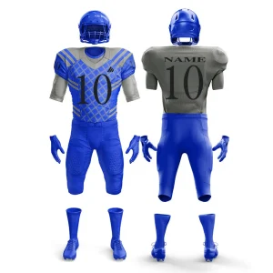 Custom American football uniform made with Lycra spandex and pad-fit panels for adults, youth, and women.