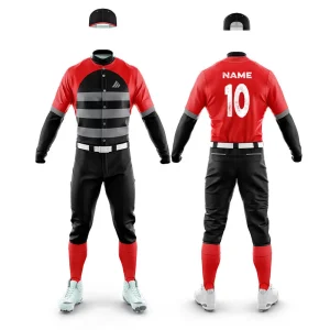 Custom baseball uniform set with jersey, pants, and cap for teams.