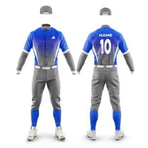 Custom baseball uniform set with jersey, pants, and cap for teams.