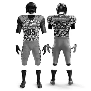 Custom American football uniforms for men, women, and youth in polyester dazzle, mesh, and Lycra fabric with padding