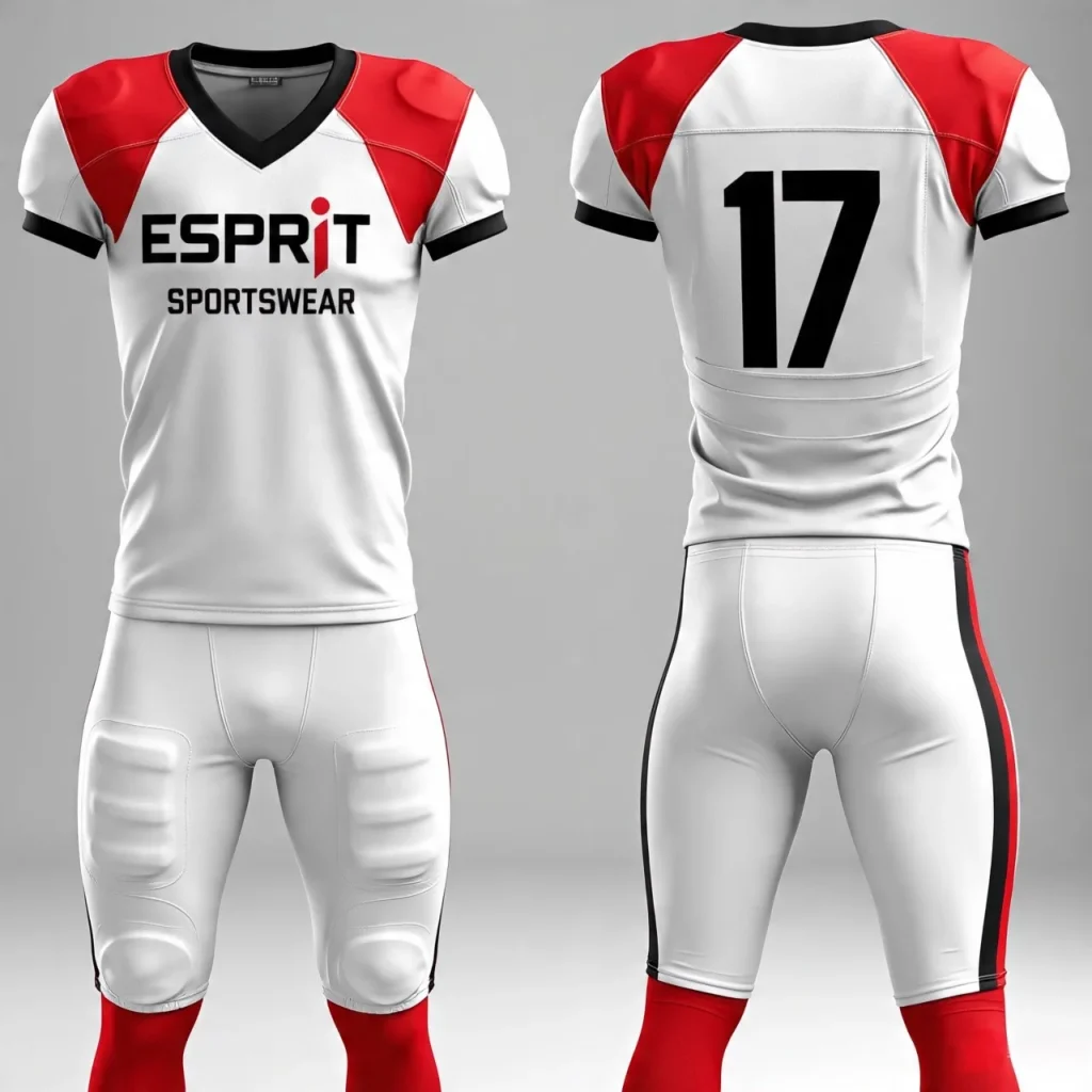 Custom American football uniforms for men, women, and youth in polyester dazzle, mesh, and Lycra fabric with padding