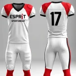 Custom American football uniforms for men, women, and youth in polyester dazzle, mesh, and Lycra fabric with padding